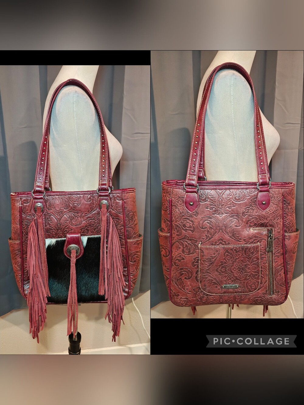Trinity Ranch Embossed Leather Conceal Carry Tote w Fringe & Hair-on Cowhide